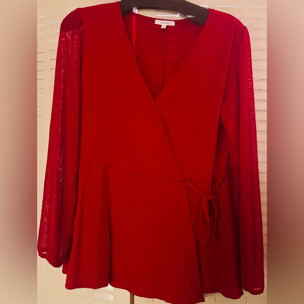 Maurices red wrap style top with beautiful long sheer sleeves. Sz lg